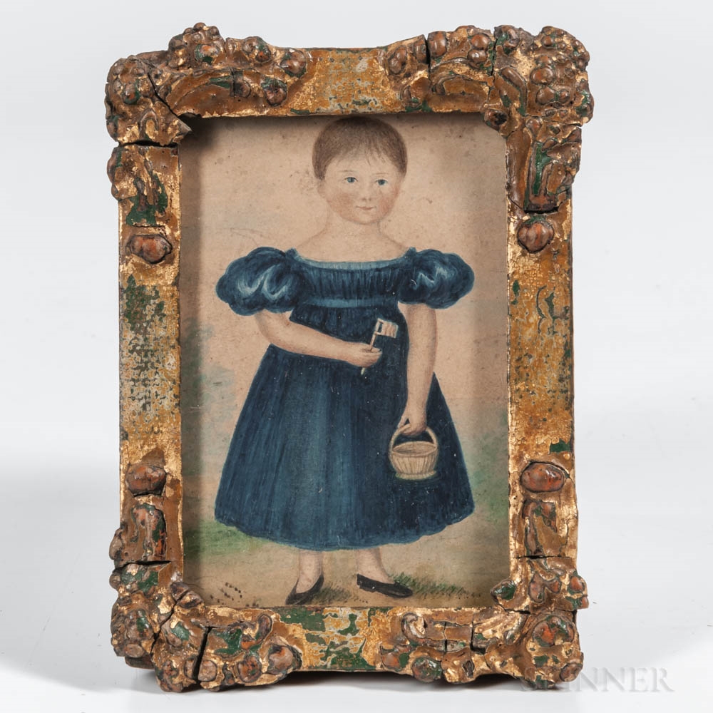 Artwork by American School, 19th Century, Miniature Portrait of a Girl in a Blue Dress, Made of Watercolor on paper