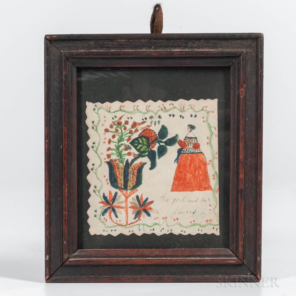 Artwork by American School, 19th Century, The Girl and Her Flowers, Made of Watercolor on paper