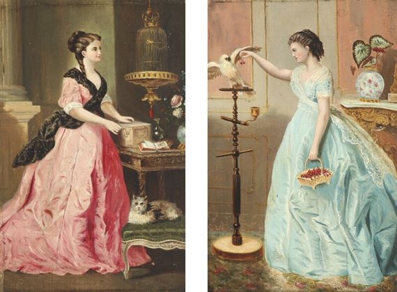 Two Works: Interiors with young women in elegant dresses by Gustavus Adolphus Behne, 1871