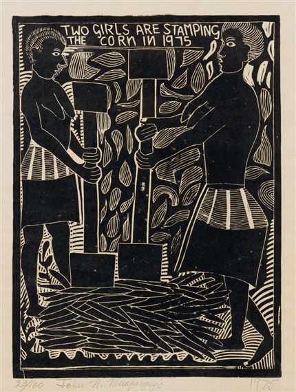 Two Girls are Stamping the Corn by John Ndevasia Muafangejo, 1975