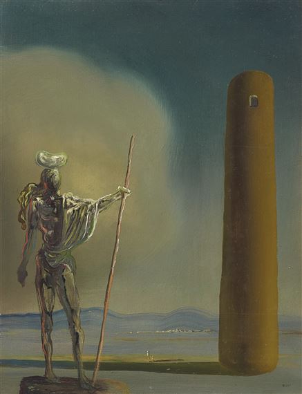 A painting of a man standing next to a tall pole.