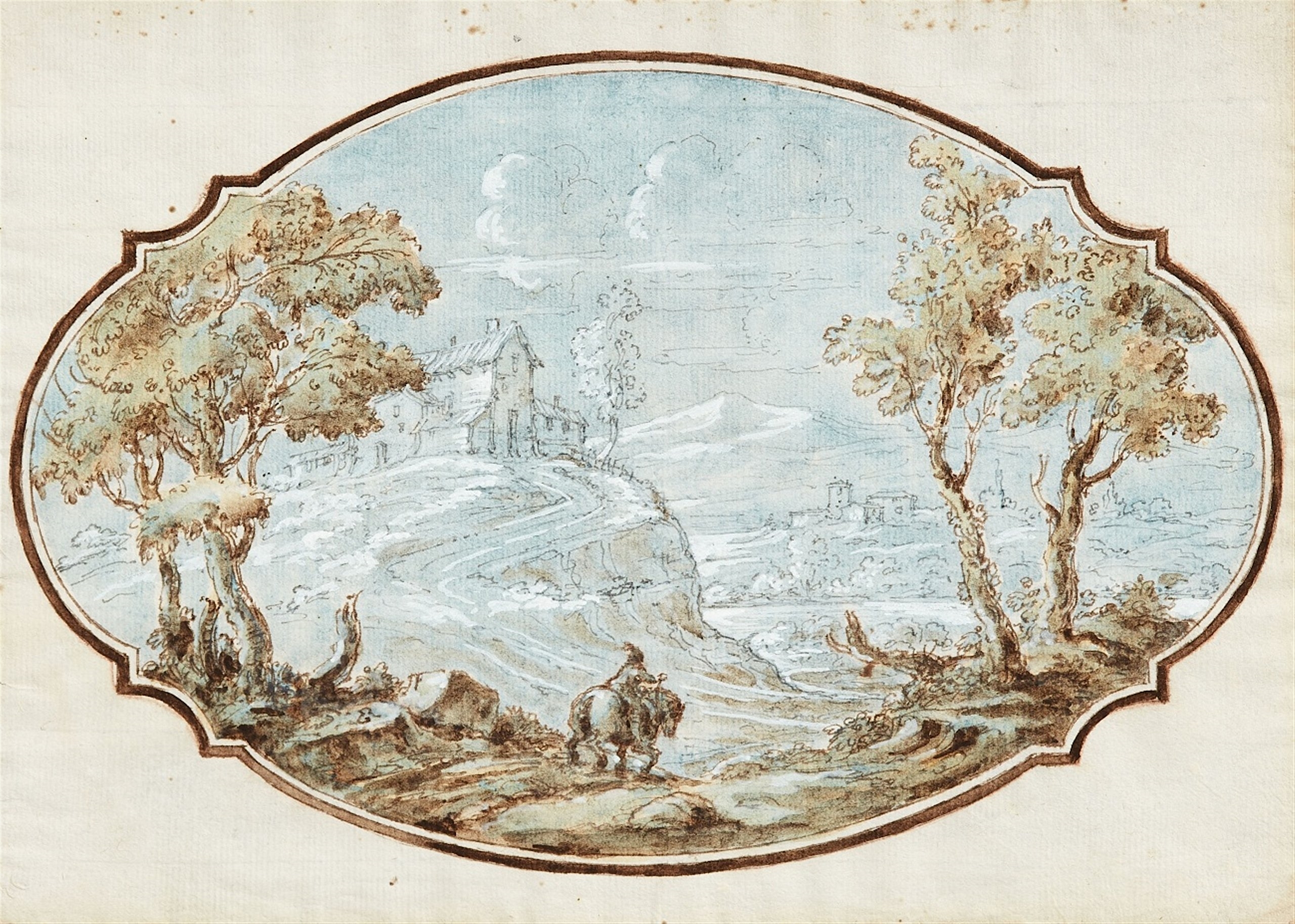 Artwork by German School, 18th Century,  Landscape with a Rider, Made of Brown ink and wash on textured paper