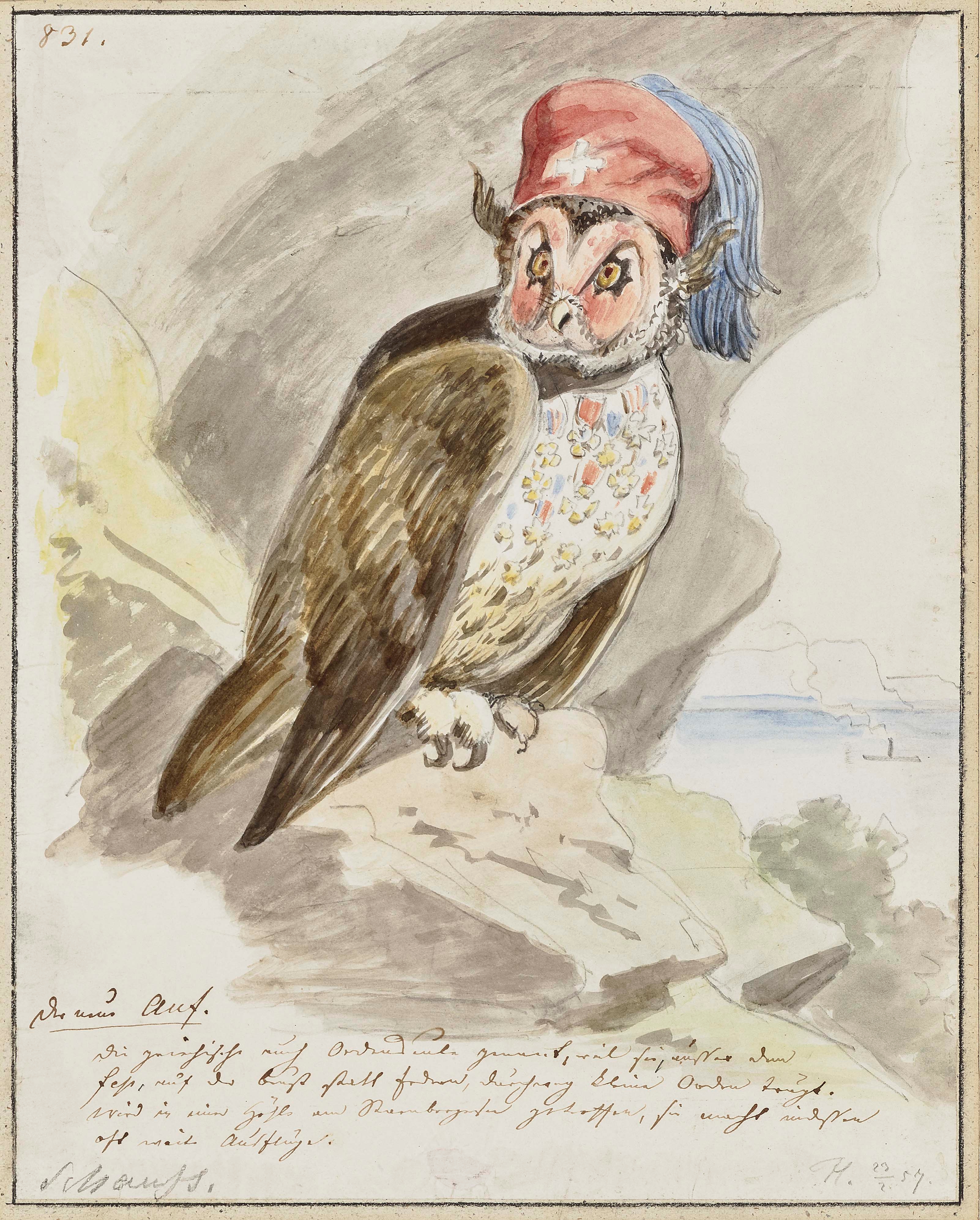 Artwork by Franz Graf von Pocci, The Owl with Fez and Medals, Made of Watercolor