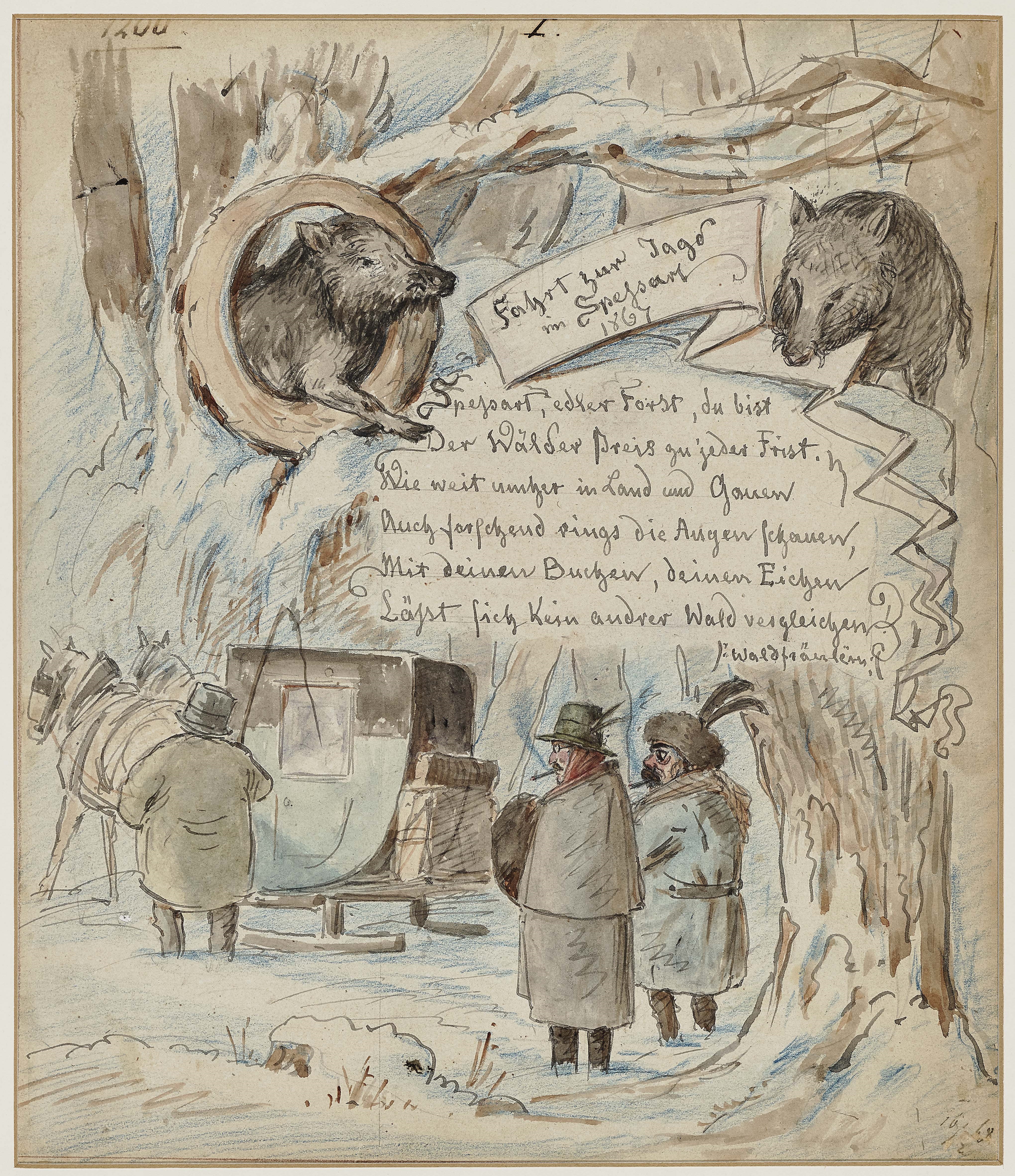 Artwork by Franz Graf von Pocci, Fahrt zur Jagd im Spessart, Made of Watercoloured ink on paper on cardboard