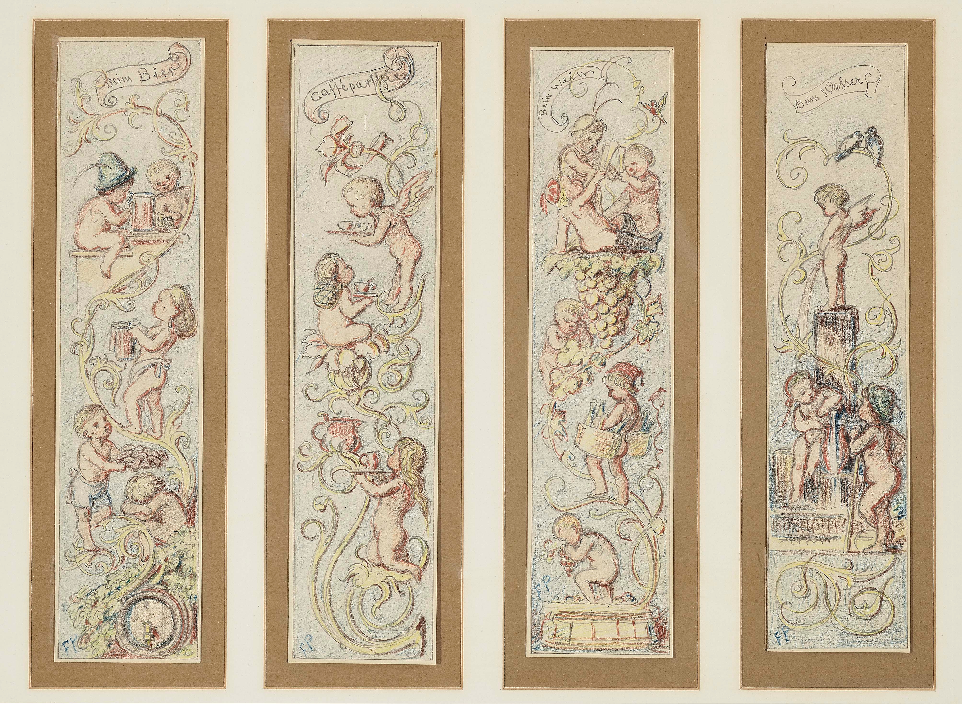 Artwork by Franz Graf von Pocci, Four Works: Beim Bier; Caffé Parthie; Beim Wein; Beim Wasser, Made of Coloured pencil on paper
