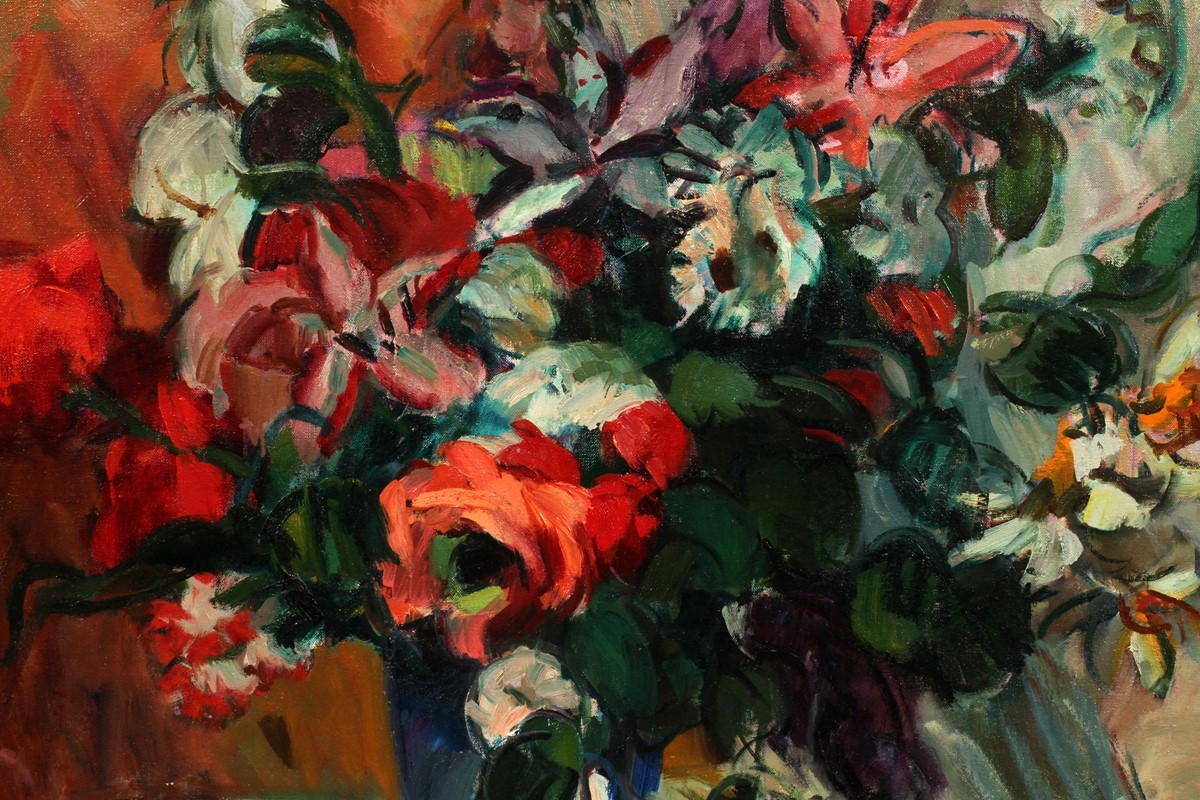 A vibrant floral still life rendered in loose, expressive brushstrokes.