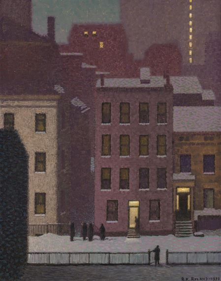 A quiet winter street scene with snow-covered buildings and a few figures in the distance.