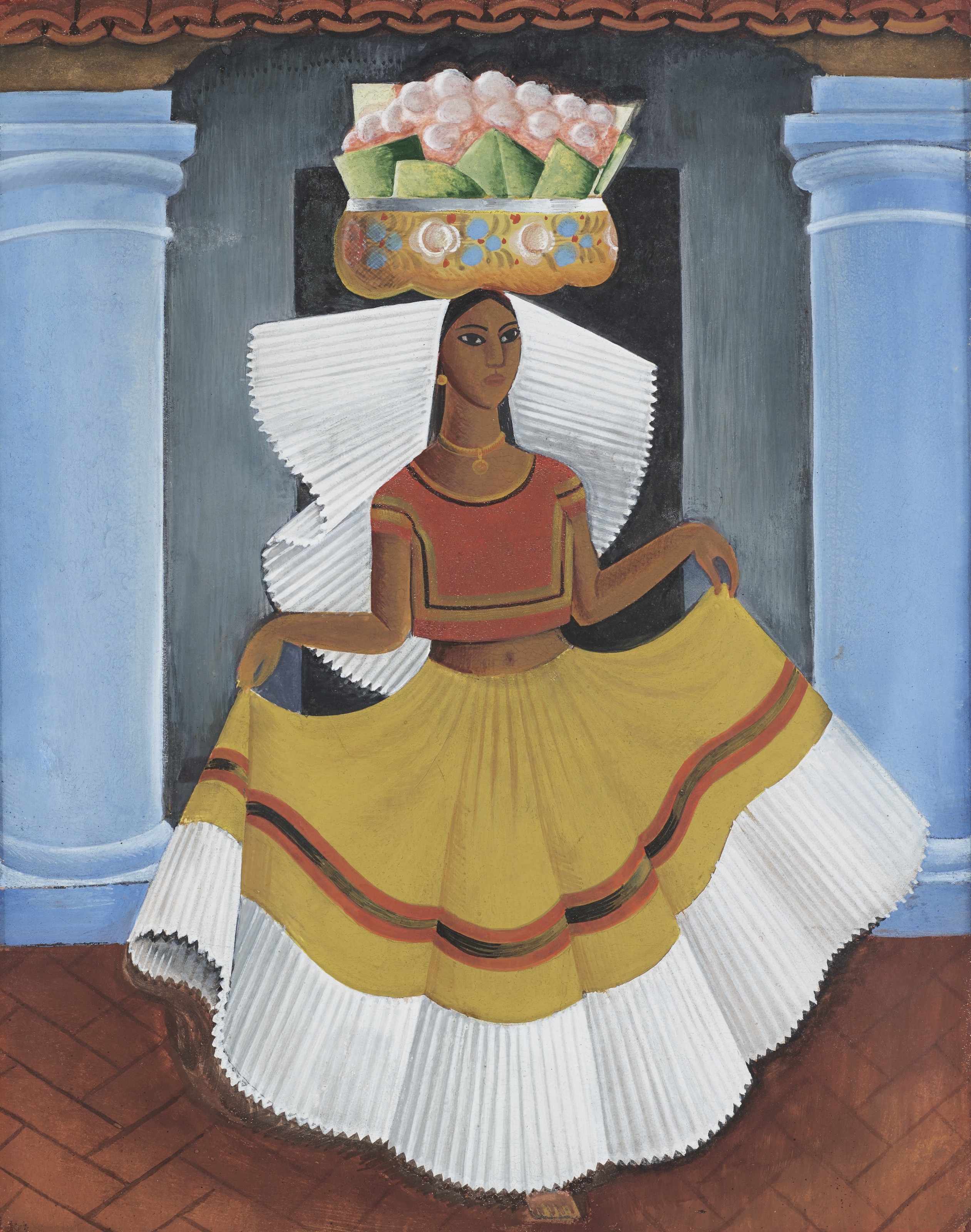 Artwork by Miguel Covarrubias, Tehuana with Basket, Made of gouache on cardboard