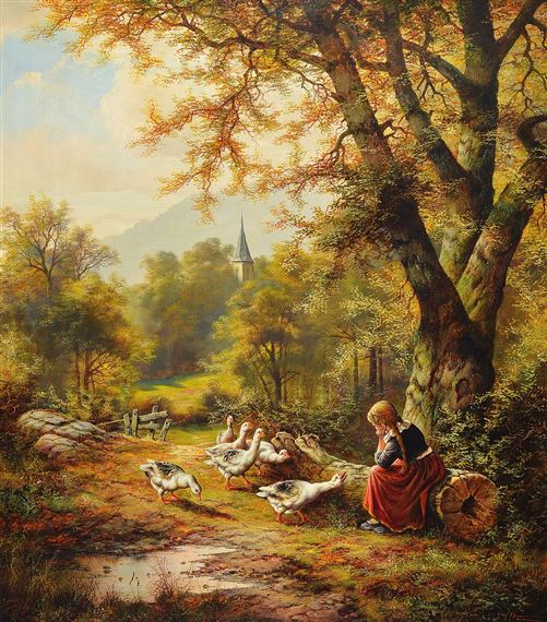 Girls looking at geese, looks pensive, in the background a small chapel in the woods by Heinz Stienen