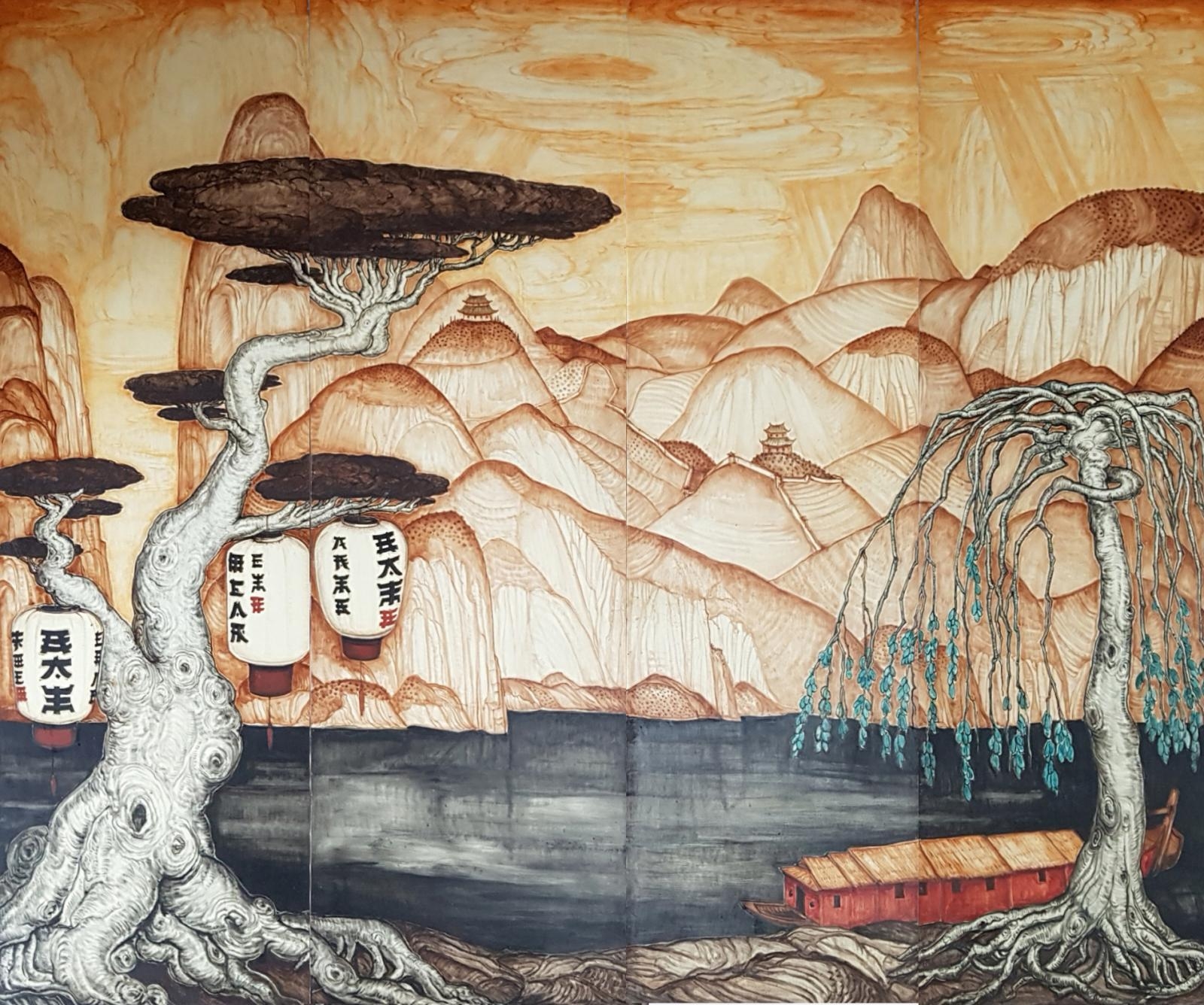 Artwork by André Maire, Evocation du Vietnam, environs de Dalat, Made of Oil on four isorel panels