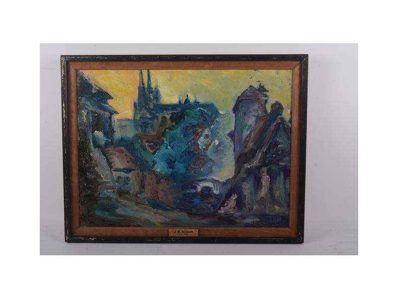 Artwork by J. R. Simon, "Chartres, La vieille ville et la cathédrale", Made of Oil on panel