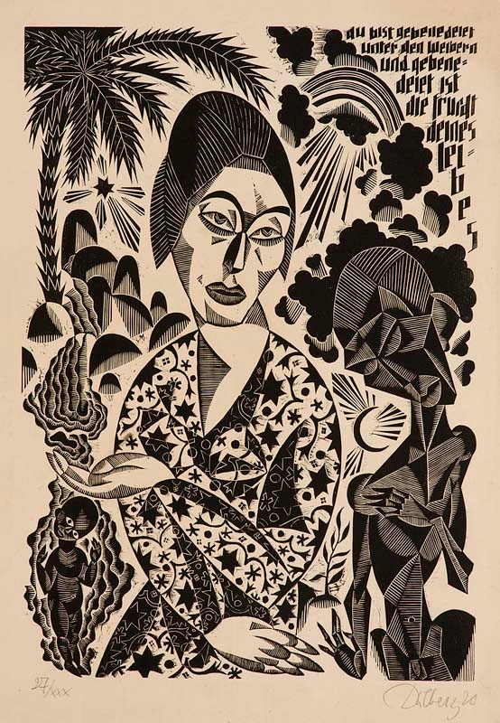 Artwork by Ewald Dülberg, Mariendarstellung (du bist Gebenedeit), Made of Woodcut on chamois-coloured Van Gelder Zonen paper