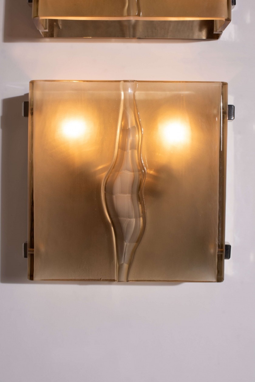 Artwork by Mario Ticco, Three Works: Suite de trois appliques de la série dite «Nebulosa», Made of chromed metal, cut, smoked and sandblasted solid glass