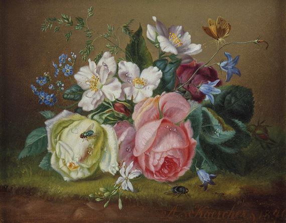 Amalie Kaercher | Blumenstrauß mit Rosen und Insekten (1871) | MutualArt