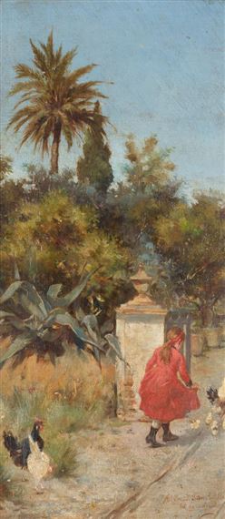 Niña con pavos y vestido rojo by Jose de la Vega y Marrugal