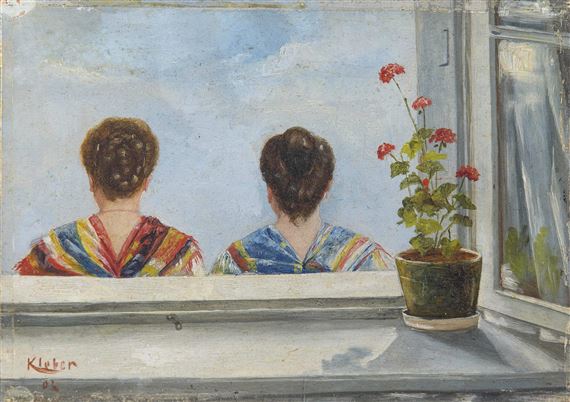 Fensterausblick mit Blumenstock und Rückansichten zweier Frauen - Franz Georg Kleber