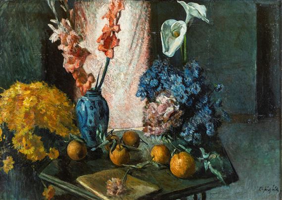 Composizione con frutta e vasi di fiori by Paolo Ghiglia
