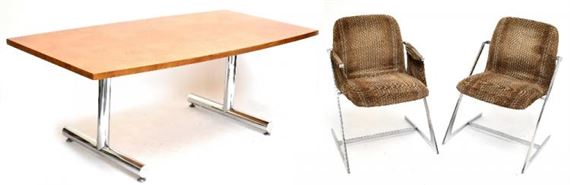 Set of Eight Works: Dining suite comprising shaped rectangular table on chromed supports - Pieff Furniture