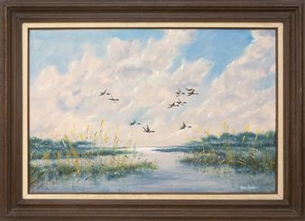 Mallards in flight over a marsh - Henry Stanton