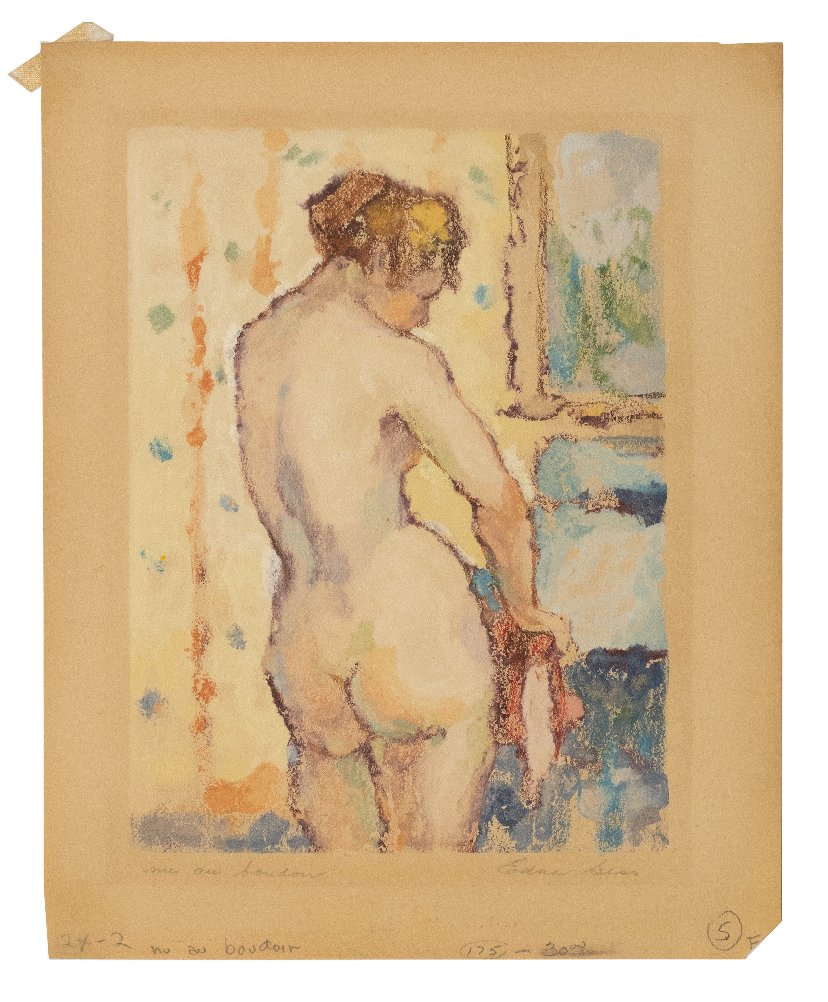 A pastel study of a nude figure drying themselves by a window.