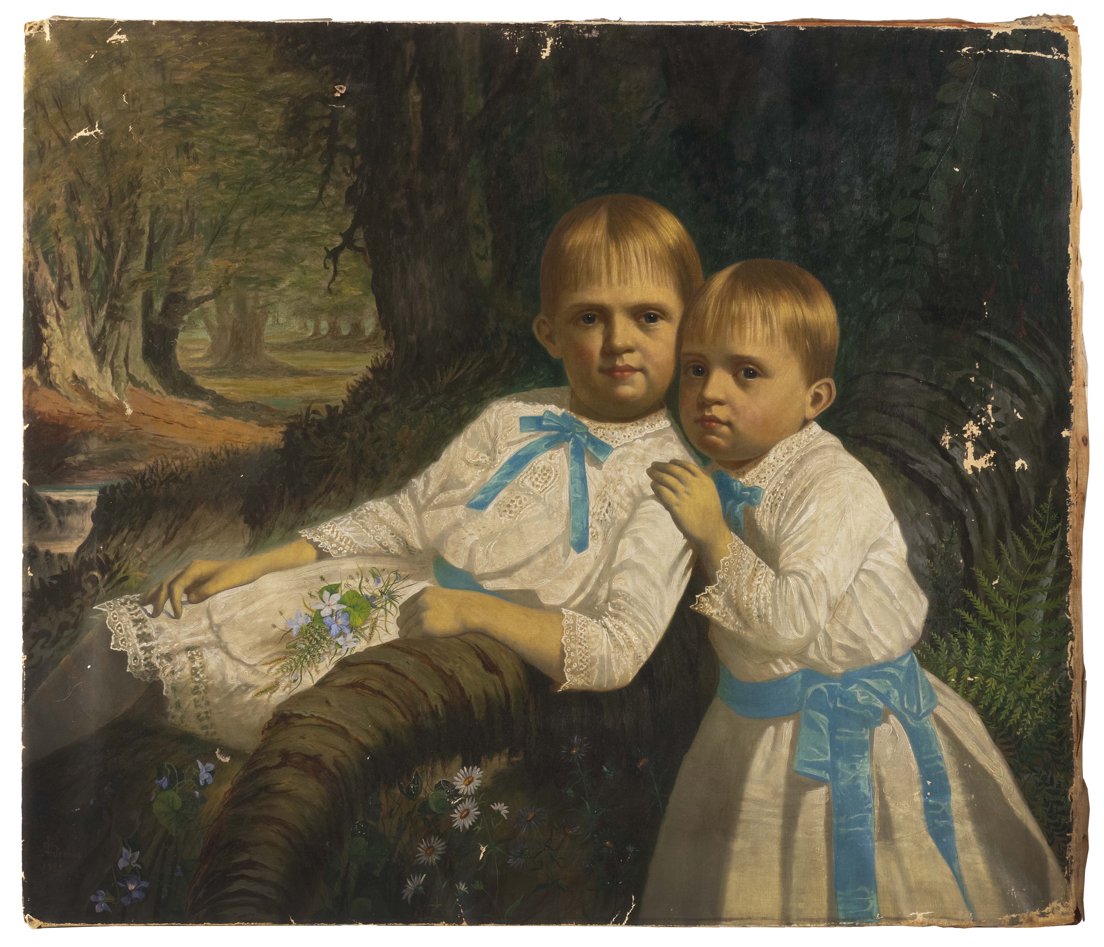 Artwork by John Antrobus, Portrait of two children in the woods, Made of Oil on canvas