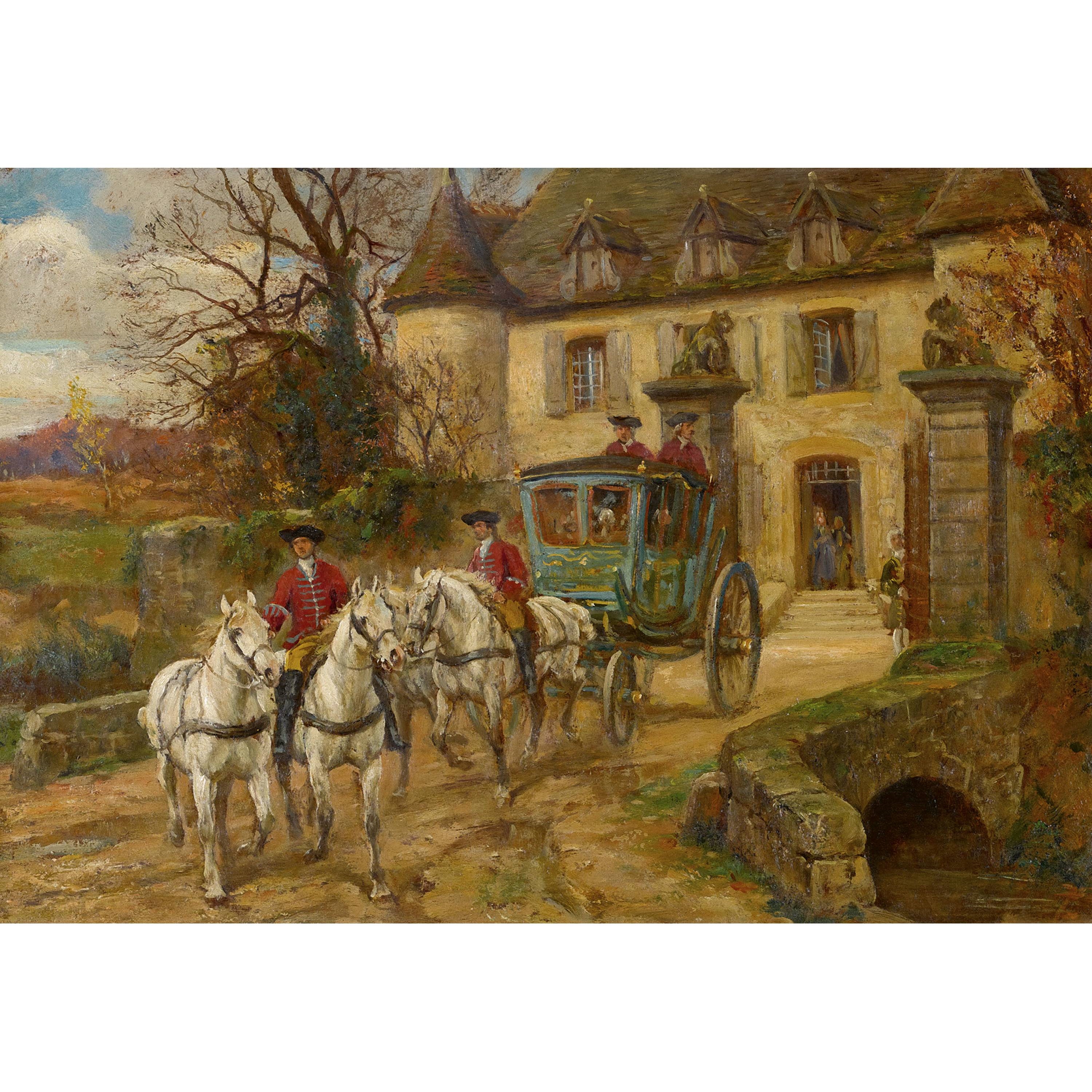 Pferdekutsche vor herrschaftlichem Anwesen by Raymond Desvarreux