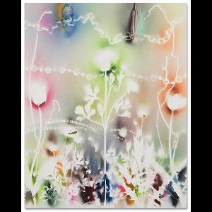 A soft-focus floral composition with glowing, abstract botanical forms against a pastel background.