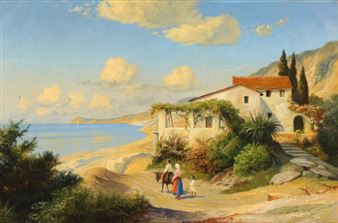 Italian coastal view with a woman and some children looking across the sea - Niels Walseth