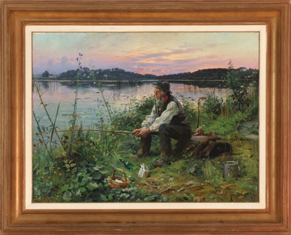 Peder Mork Monsted | Evening lake view with an old man fishing