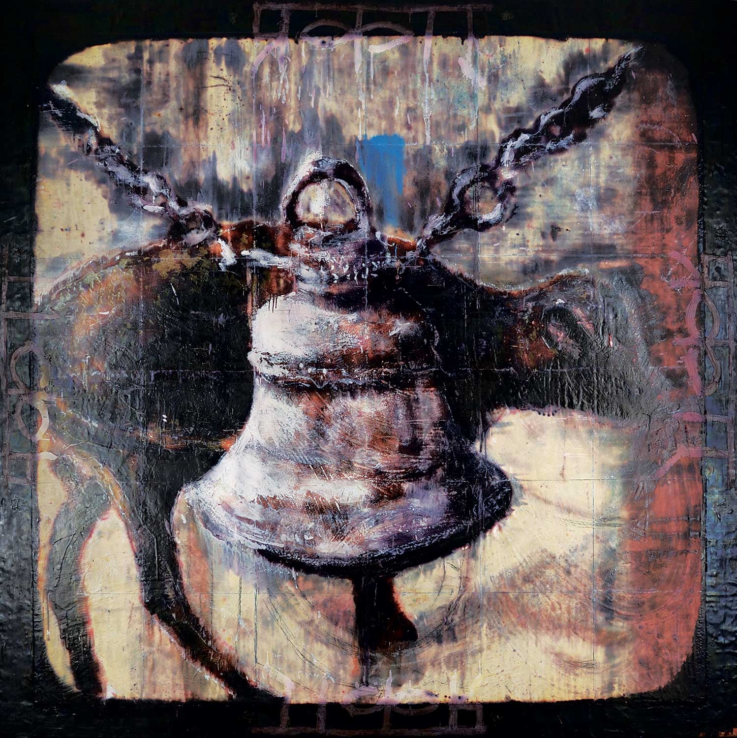 Artwork by Mark Gaskin, Method #11 - Bell & Cow, Made of encaustic and mixed media on wood panel