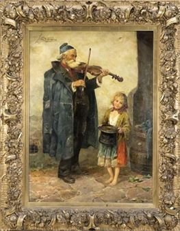 großes Gemälde eines alten Strassenmusikers mit Geige und eines kleinen Mädchens - Josef Süss