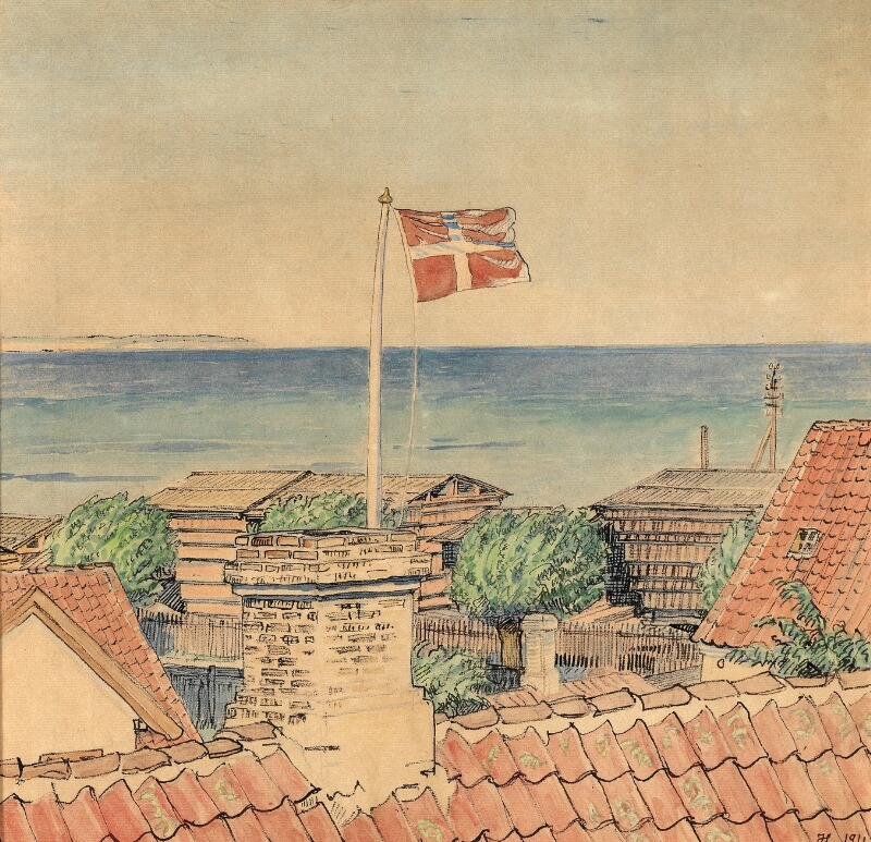 Dannebrog is blowing in the wind over the red rooftops in Kerteminde by Johannes Larsen, dated 1911