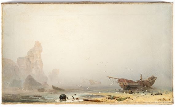 Shipwrecks in the fog off a rocky coast by Friedrich Preller the Younger