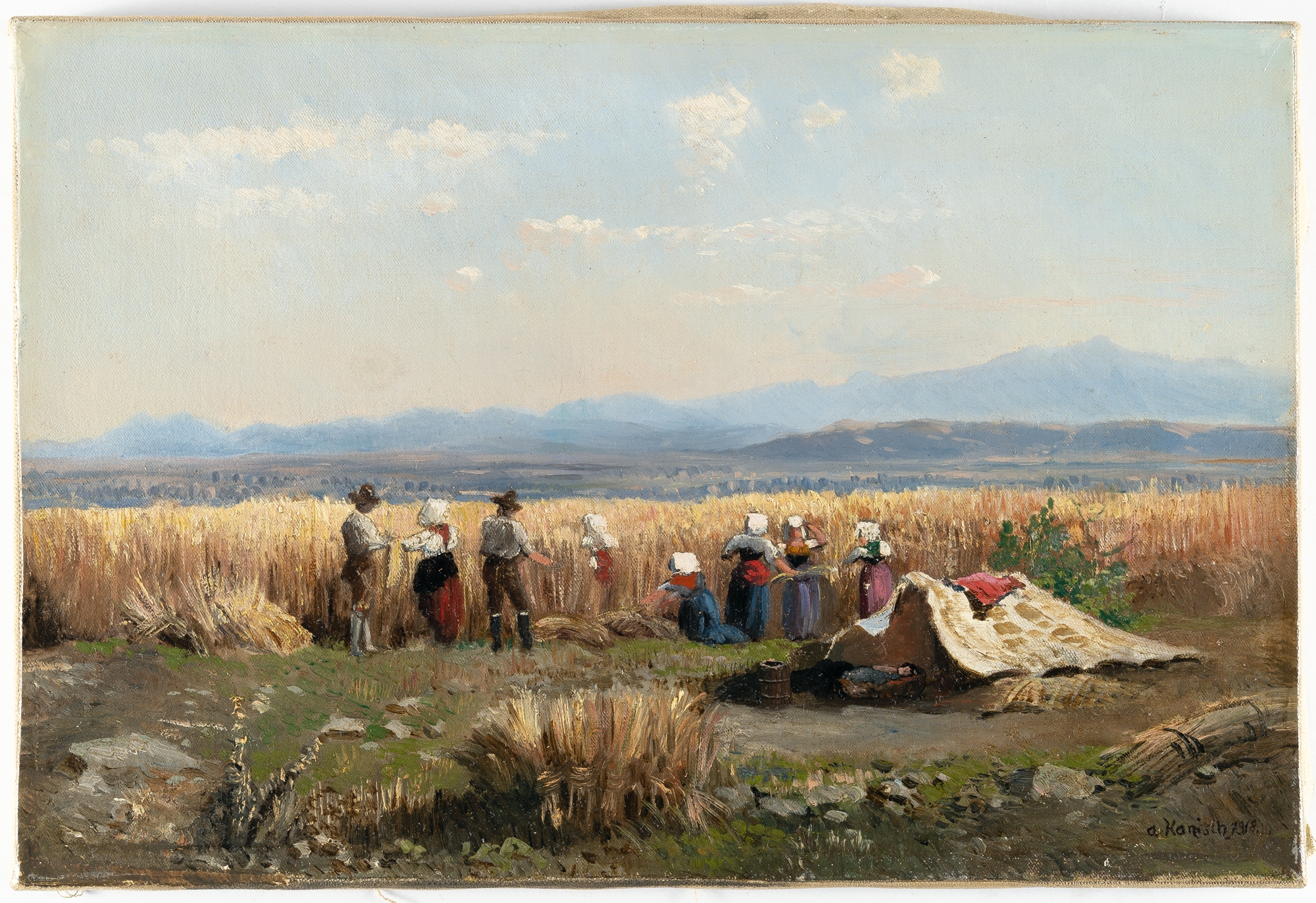 Artwork by Alois Hänisch, At the grain harvest, Made of Oil on canvas, relined
