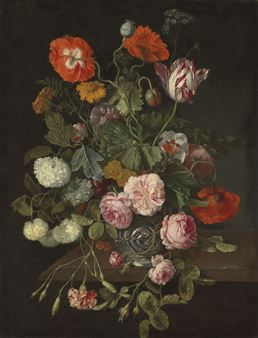 Flowers in an auricular silver vase, on a marble ledge - Cornelis Kick