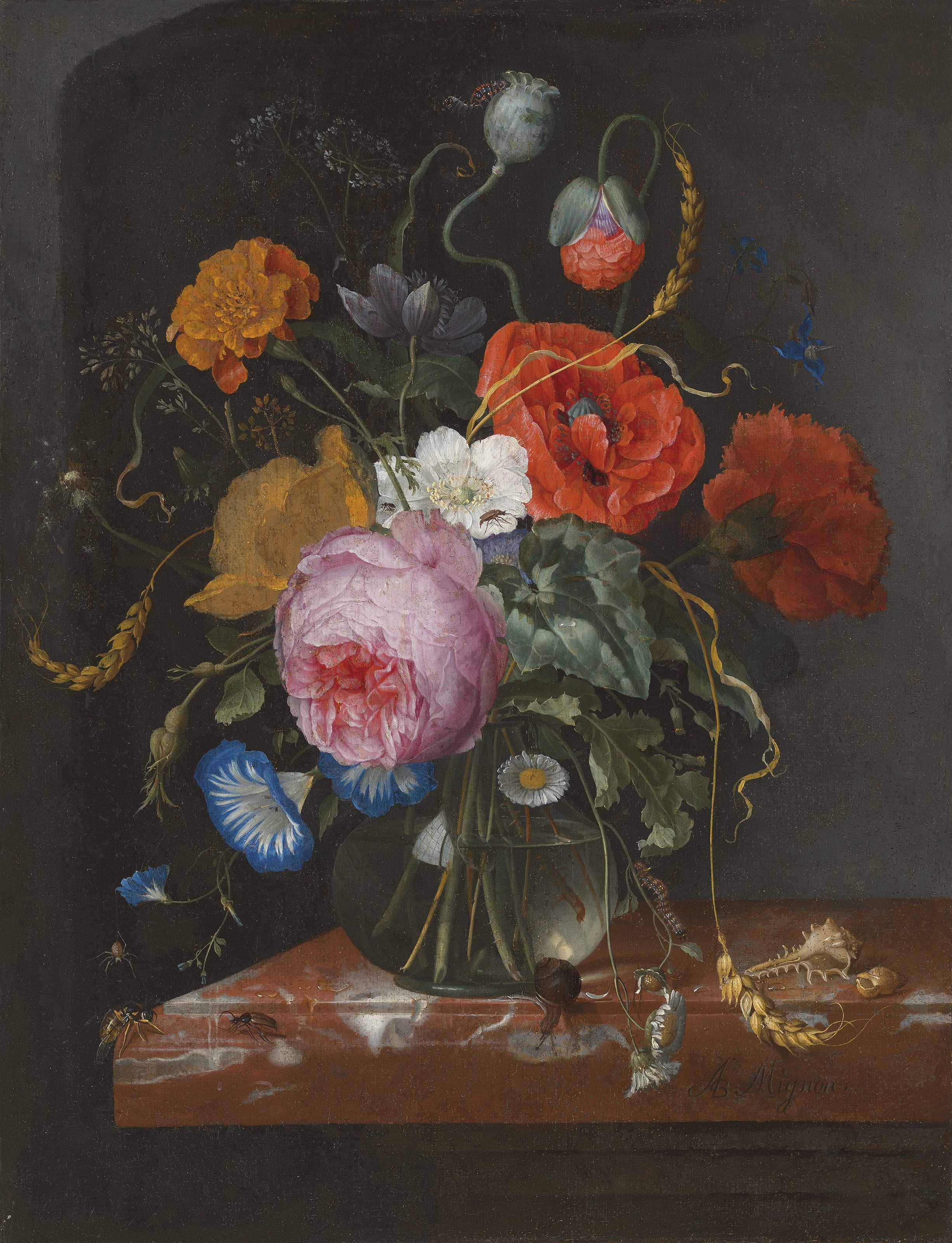 Jacob van Walscapelle | Flowers in a glass vase on a ledge, with ...
