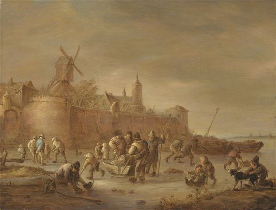 A winter landscape with figures skating on a frozen river by a fortified town by Isack van Ostade