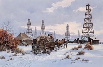 A snowy winter scene blending early industrial oil rigs with a vintage horse-drawn wagon.