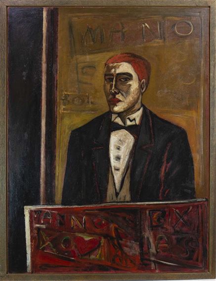 A stylized portrait of a man in formal wear against a textured, abstract background.