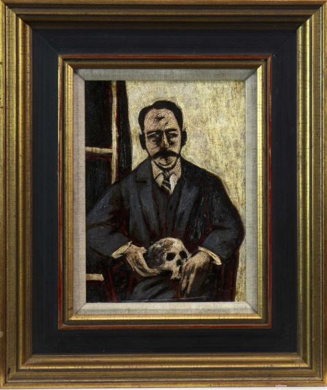A somber portrait of a man in formal attire holding a skull, framed in ornate gold.