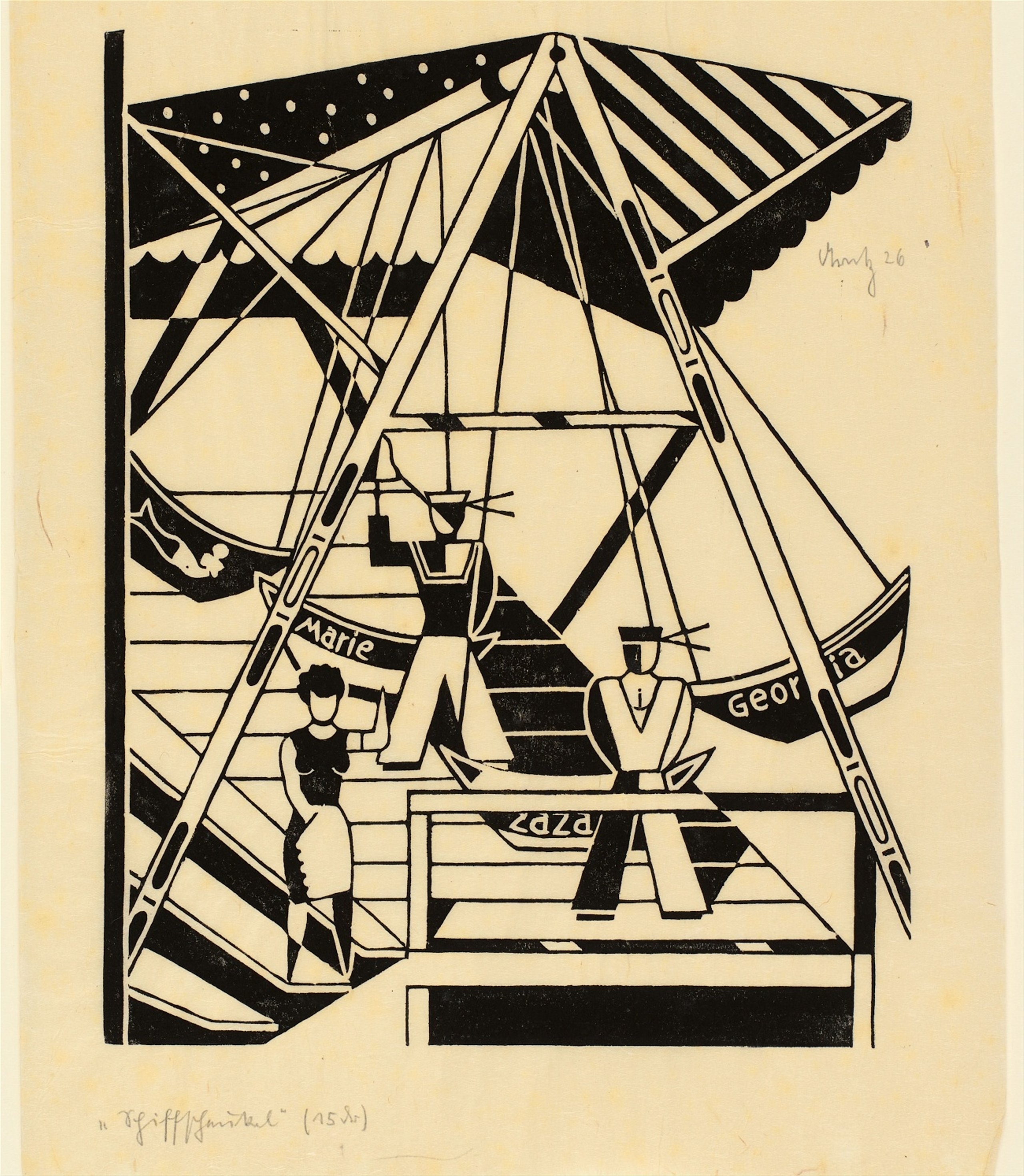 Artwork by Gerd Arntz, Schiffschaukel Les Baigneuses Karussell (Zweefmolen) Entrée, Made of 3 woodcuts and 1 linoleum cut, each on fine Japan