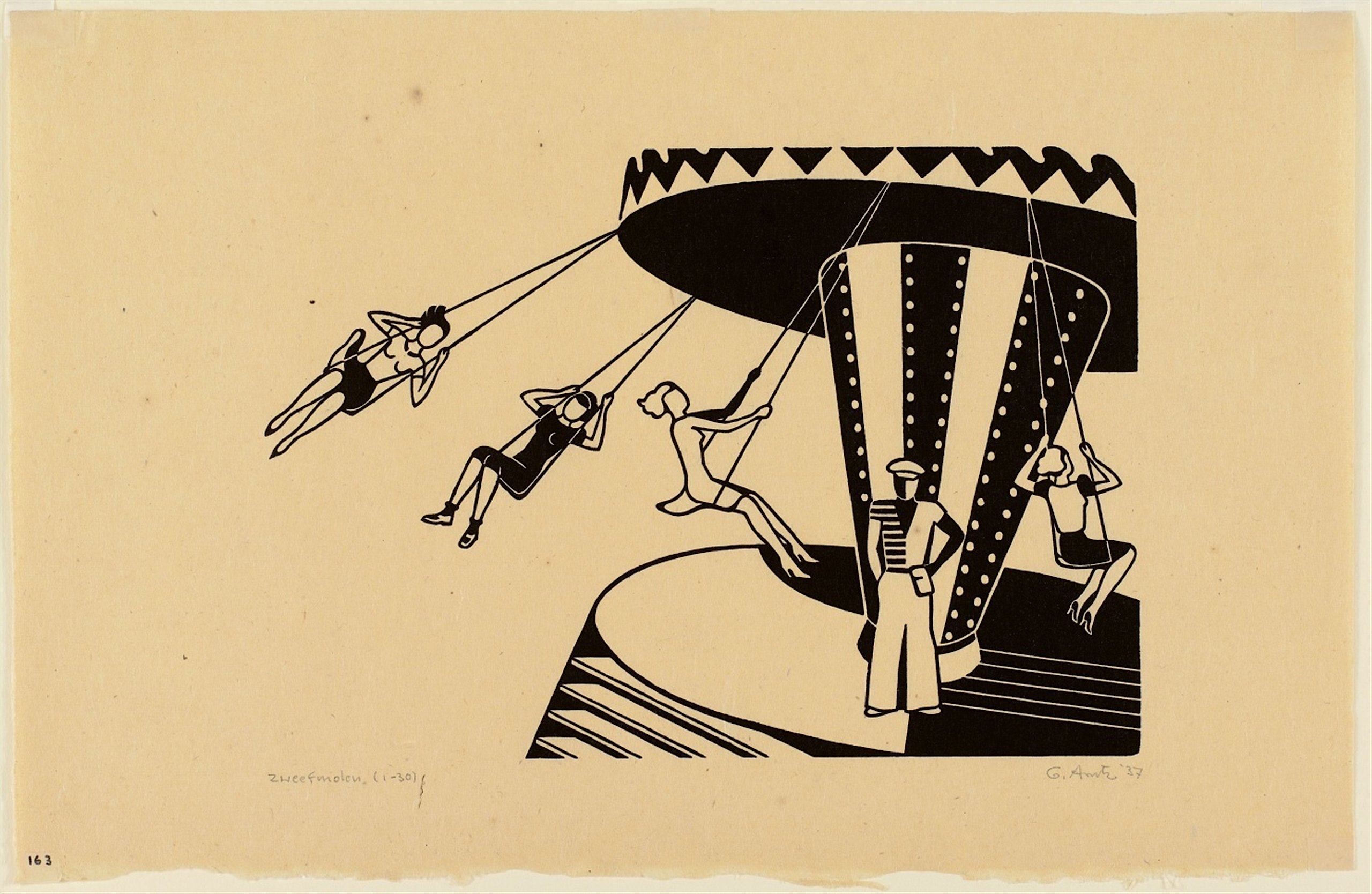 Artwork by Gerd Arntz, Schiffschaukel Les Baigneuses Karussell (Zweefmolen) Entrée, Made of 3 woodcuts and 1 linoleum cut, each on fine Japan