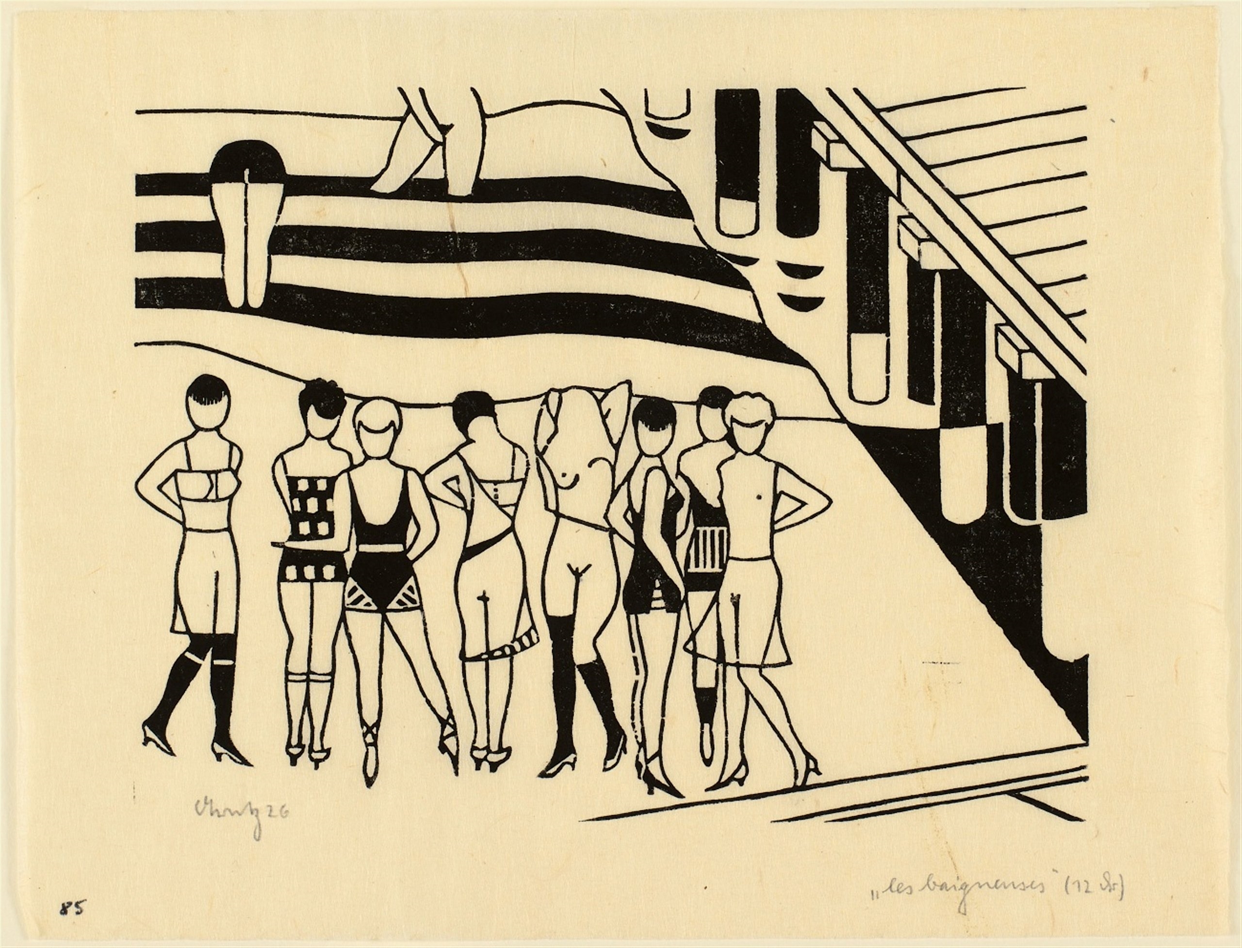 Artwork by Gerd Arntz, Schiffschaukel Les Baigneuses Karussell (Zweefmolen) Entrée, Made of 3 woodcuts and 1 linoleum cut, each on fine Japan