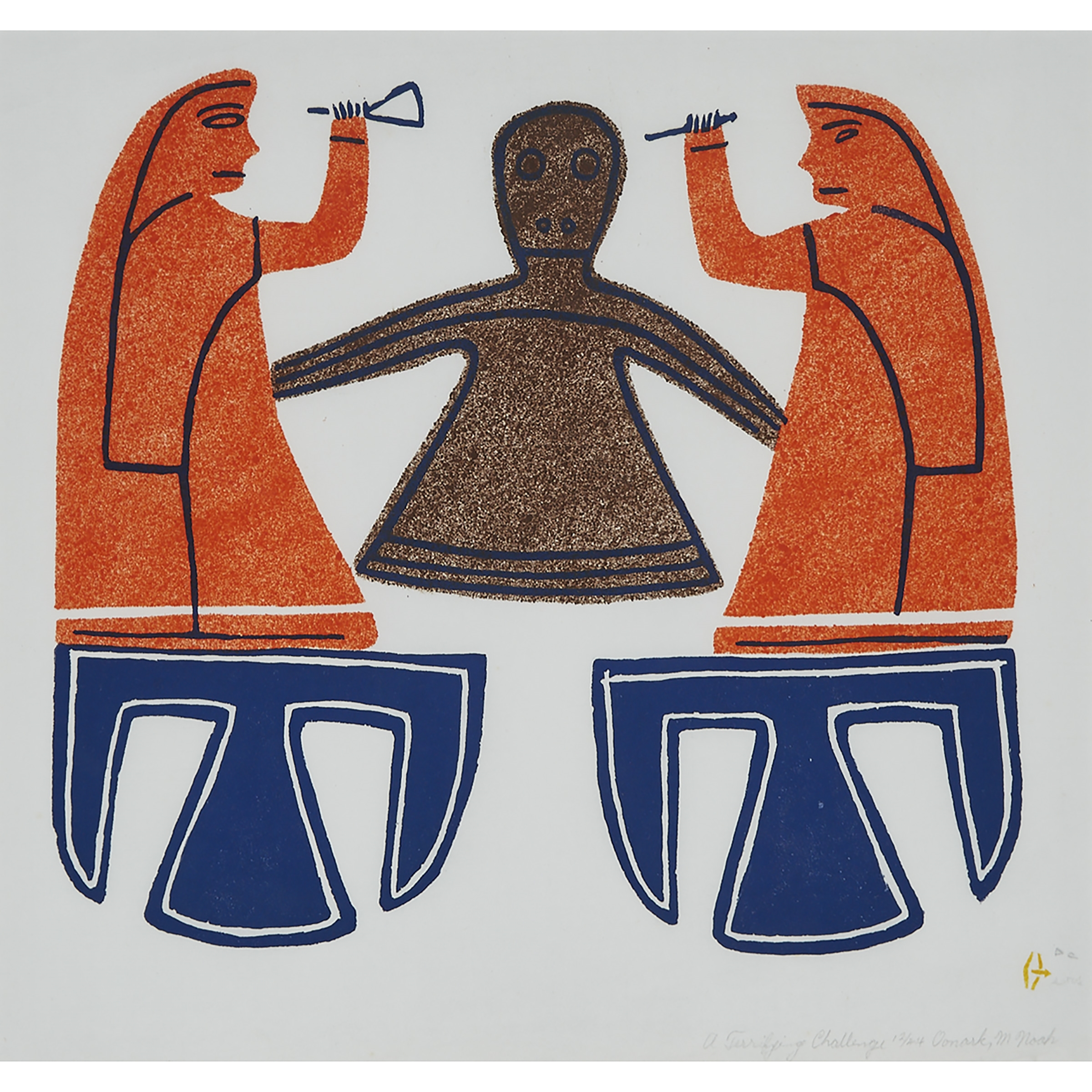 Artwork by Jessie Oonark, A TERRIFYING CHALLENGE, Made of stonecut and stencil