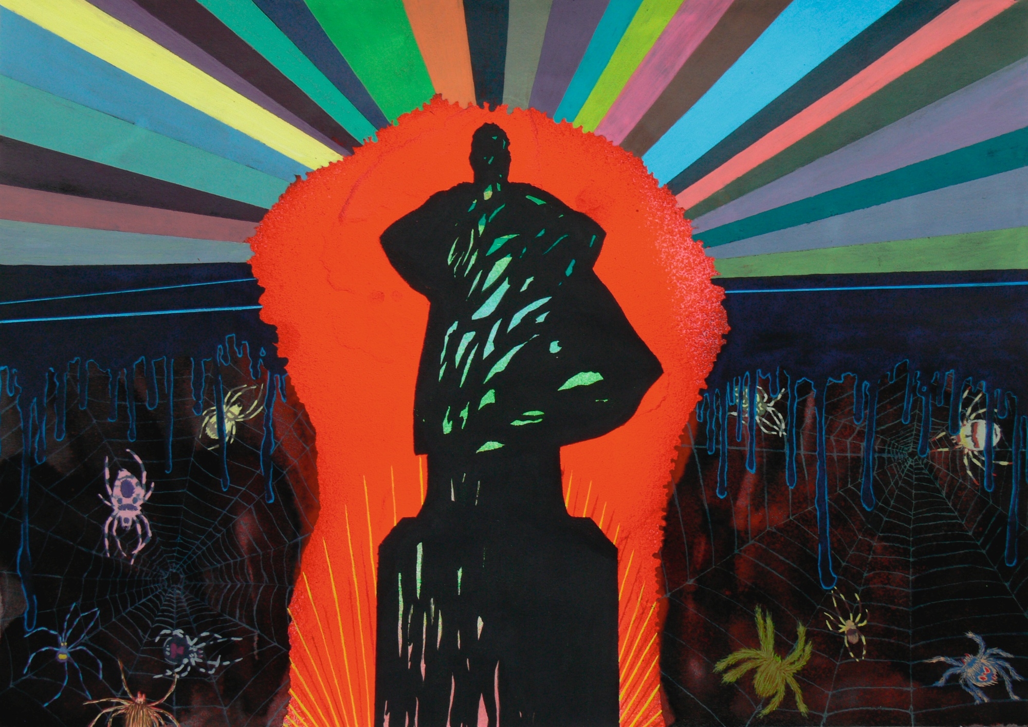 Artwork by Basim Magdy, ROYALTIES COME TO OUR FESTIVALS WITH THEIR PET SPIDERS, Made of spray paint, gouache and black shoe polish on paper