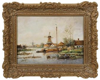 A pastoral water scene featuring a windmill, boats, and rustic houses under a soft sky.
