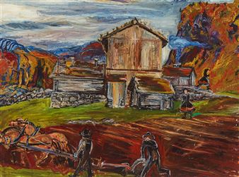 A vibrant landscape painting of a rural farm scene with figures plowing fields and a large wooden barn.
