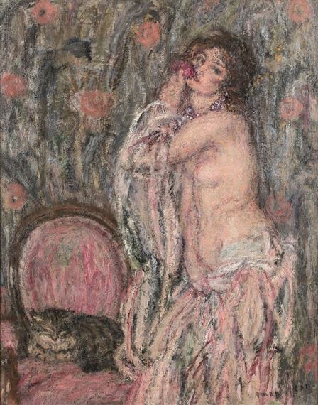 Nu à la rose et chat dans un intérieur by Edmond-Francois Aman-Jean