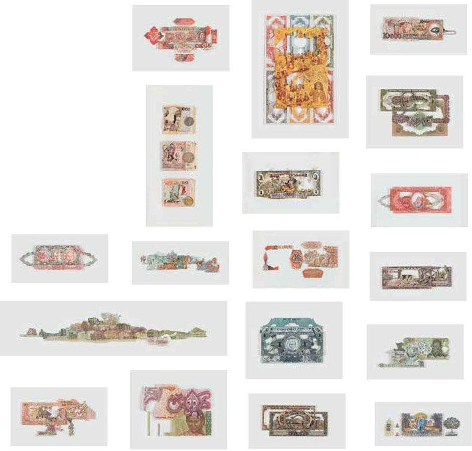 Artwork by Rodrigo Torres, EIGHTEEN WORKS: UNS TROCADOS, Made of Collages with openwork bills on cotton paper