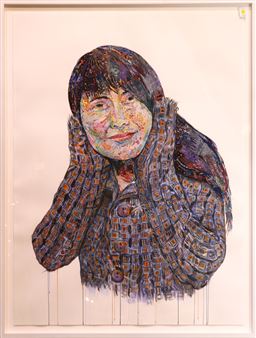 A portrait of a figure with a patterned scarf and textured face against a plain background.